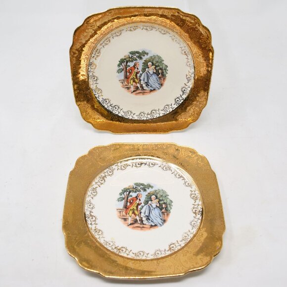 2 VTG Courting Couple Bread & Butter Dessert Plates Square 22 KT Gold Trim 6.5" - Picture 1 of 16